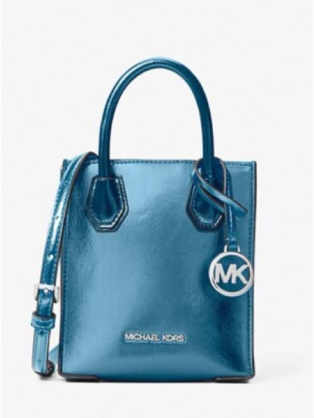 Michael Kors Mercer 2 Way Metallic Teal Blue Leather Crossbody Bag